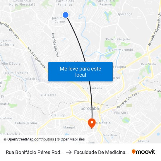 Rua Bonifácio Péres Rodolfo, 598-658 to Faculdade De Medicina De Sorocaba map