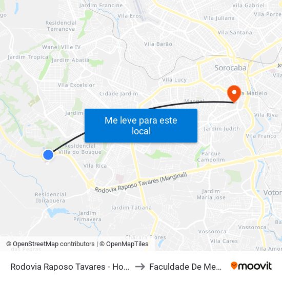 Rodovia Raposo Tavares - Hospital Regional De Sorocaba to Faculdade De Medicina De Sorocaba map
