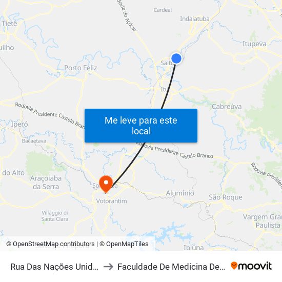 Rua Das Nações Unidas, 1570 to Faculdade De Medicina De Sorocaba map