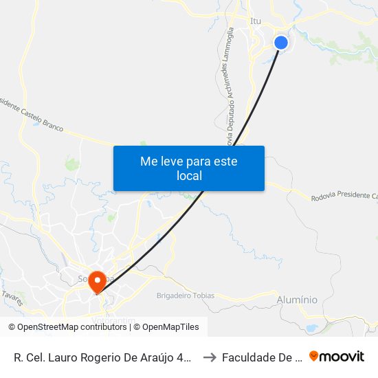 R. Cel. Lauro Rogerio De Araújo 455 - Jardim Aeroporto I Itu - SP 13304-570 Brasil to Faculdade De Medicina De Sorocaba map