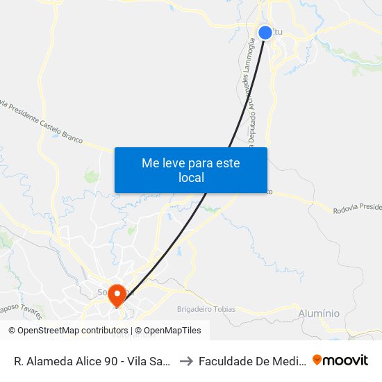 R. Alameda Alice 90 - Vila Sao Francisco Itu - SP Brasil to Faculdade De Medicina De Sorocaba map
