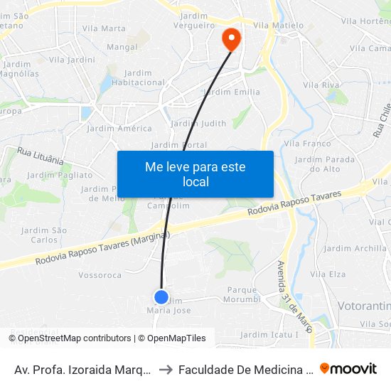 Av. Profa. Izoraida Marques Peres, Sn to Faculdade De Medicina De Sorocaba map