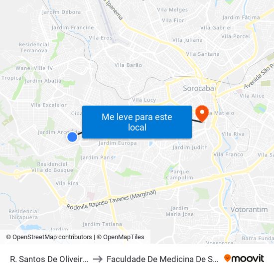 R. Santos De Oliveira, 282 to Faculdade De Medicina De Sorocaba map