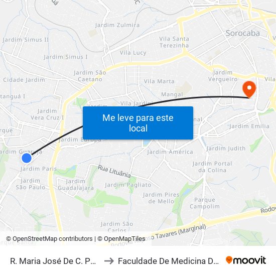 R. Maria José De C. Pagliato, 73 to Faculdade De Medicina De Sorocaba map