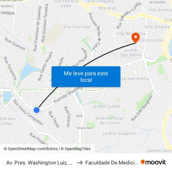 Av. Pres. Washington Luiz, S/N - Pça. Nova York to Faculdade De Medicina De Sorocaba map