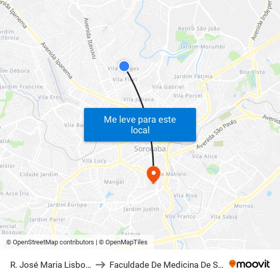 R. José Maria Lisboa, 889 to Faculdade De Medicina De Sorocaba map