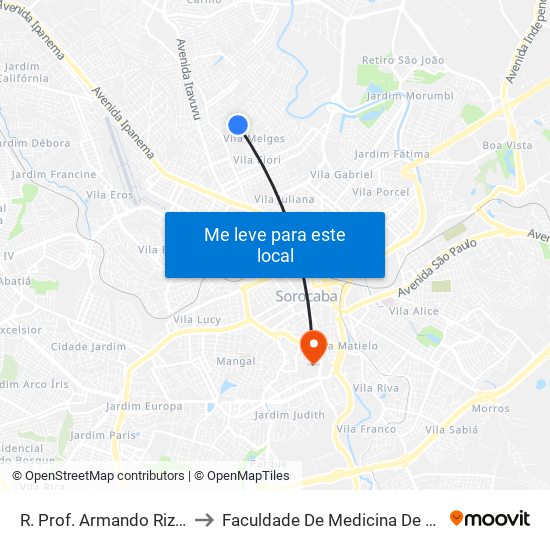 R. Prof. Armando Rizzo, 320 to Faculdade De Medicina De Sorocaba map