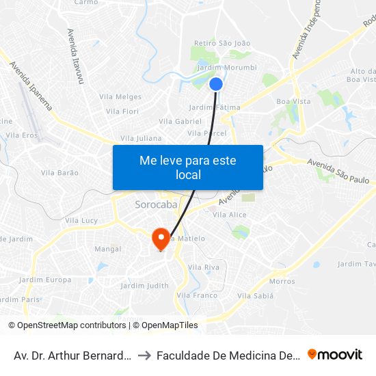 Av. Dr. Arthur Bernardes, 1468 to Faculdade De Medicina De Sorocaba map