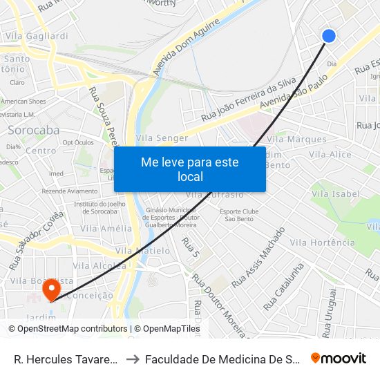 R. Hercules Tavares, 201 to Faculdade De Medicina De Sorocaba map