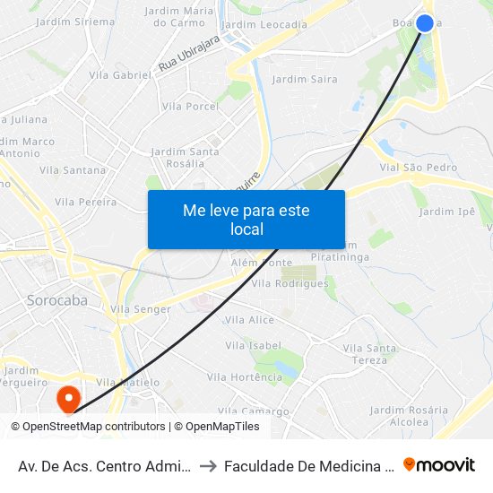 Av. De Acs. Centro Administrativo, Sn to Faculdade De Medicina De Sorocaba map