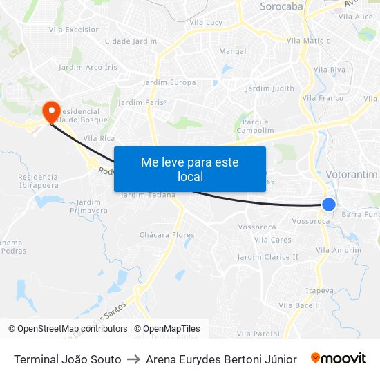 Terminal João Souto to Arena Eurydes Bertoni Júnior map