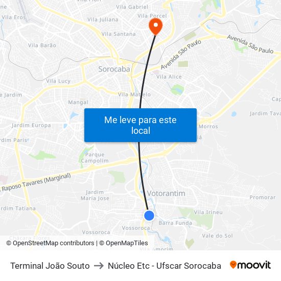 Terminal João Souto to Núcleo Etc - Ufscar Sorocaba map