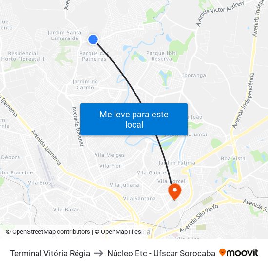 Terminal Vitória Régia to Núcleo Etc - Ufscar Sorocaba map
