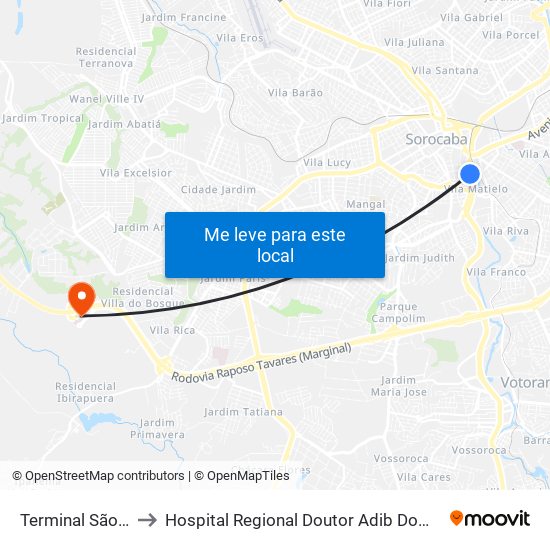 Terminal São Paulo to Hospital Regional Doutor Adib Domingos Jatene map