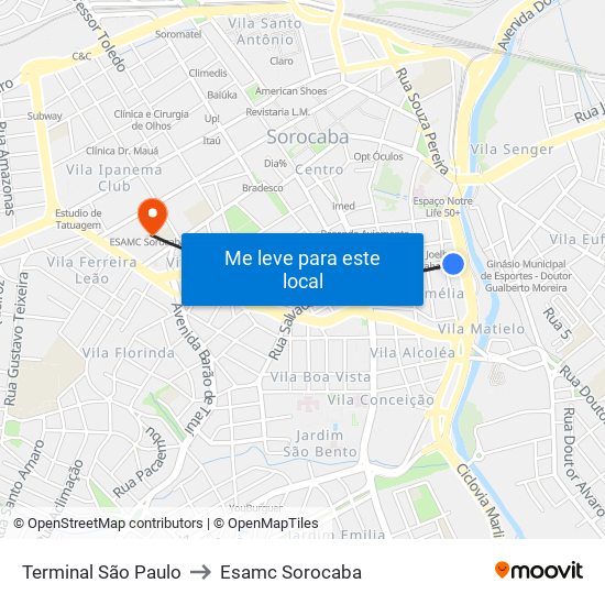 Terminal São Paulo to Esamc Sorocaba map