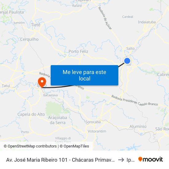 Av. José Maria Ribeiro 101 - Chácaras Primavera Itu - SP Brasil to Iperó map
