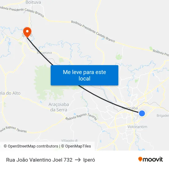 Rua João Valentino Joel 732 to Iperó map