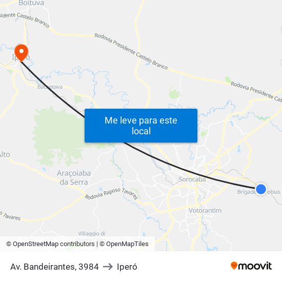Av. Bandeirantes, 3984 to Iperó map