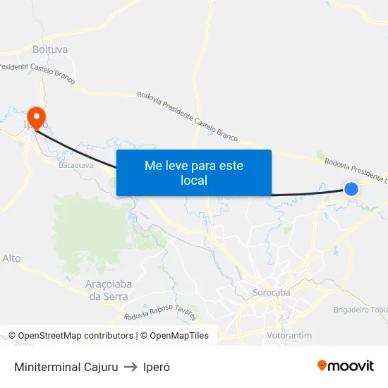 Miniterminal Cajuru to Iperó map