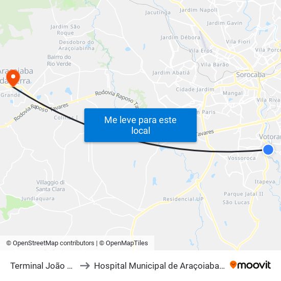 Terminal João Souto to Hospital Municipal de Araçoiaba da Serra map