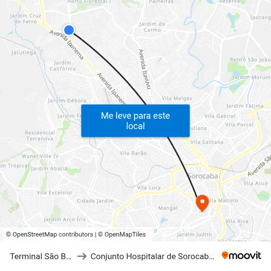 Terminal São Bento to Conjunto Hospitalar de Sorocaba - CHS map