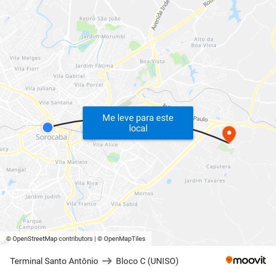 Terminal Santo Antônio to Bloco C (UNISO) map