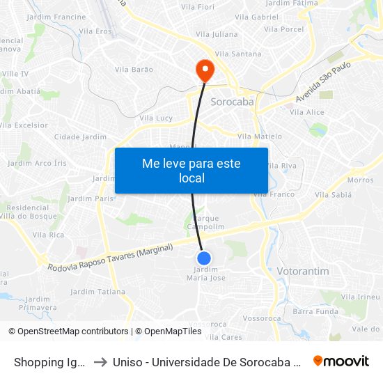 Shopping Iguatemi to Uniso - Universidade De Sorocaba Câmpus Trujillo map