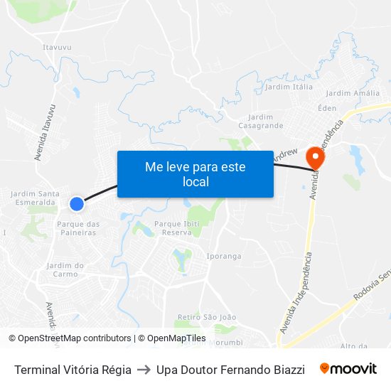 Terminal Vitória Régia to Upa Doutor Fernando Biazzi map