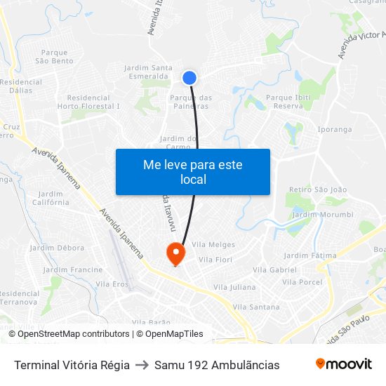 Terminal Vitória Régia to Samu 192 Ambulãncias map