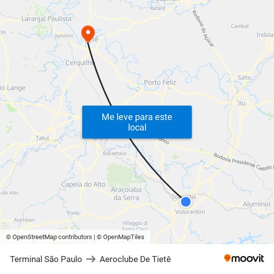 Terminal São Paulo to Aeroclube De Tietê map