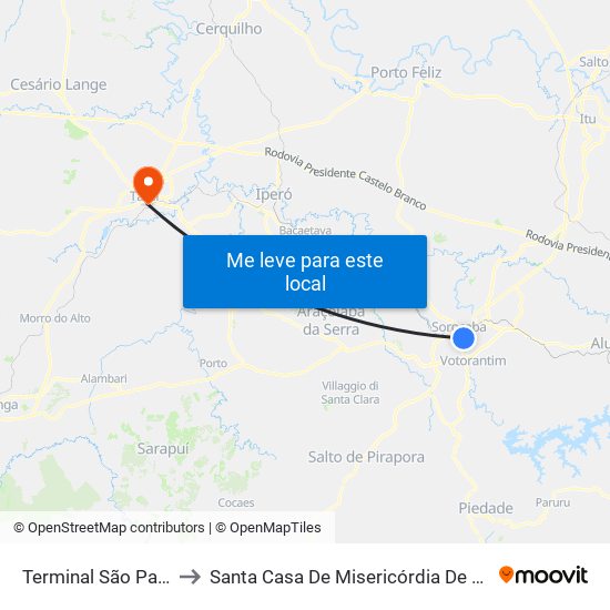 Terminal São Paulo to Santa Casa De Misericórdia De Tatuí map