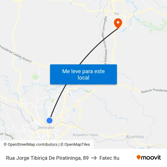 Rua  Jorge Tibiriçá De Piratininga, 89 to Fatec Itu map