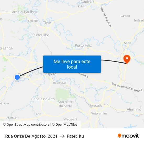 Rua Onze De Agosto, 2621 to Fatec Itu map