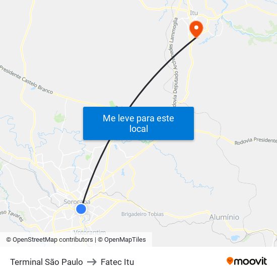 Terminal São Paulo to Fatec Itu map