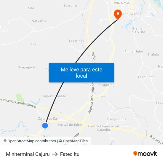 Miniterminal Cajuru to Fatec Itu map