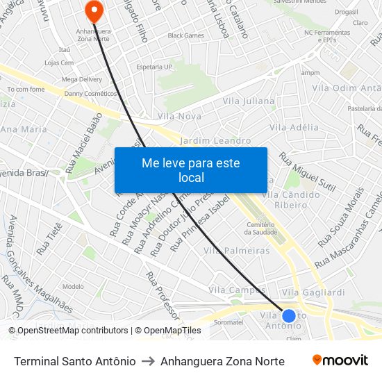 Terminal Santo Antônio to Anhanguera Zona Norte map