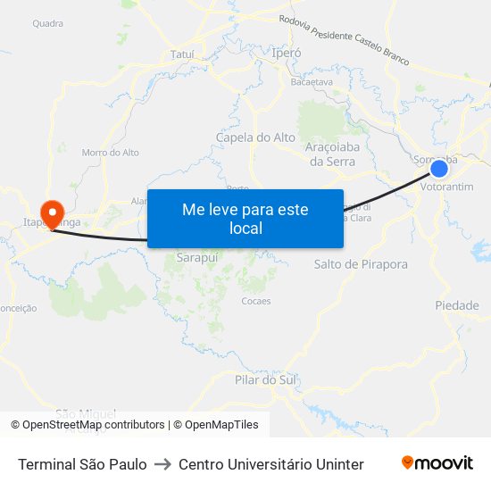 Terminal São Paulo to Centro Universitário Uninter map