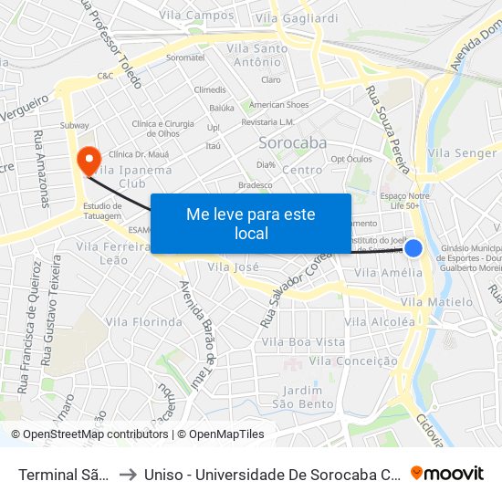 Terminal São Paulo to Uniso - Universidade De Sorocaba Câmpus Seminário map