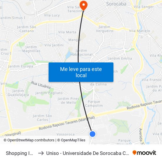 Shopping Iguatemi to Uniso - Universidade De Sorocaba Câmpus Seminário map