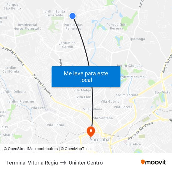 Terminal Vitória Régia to Uninter Centro map