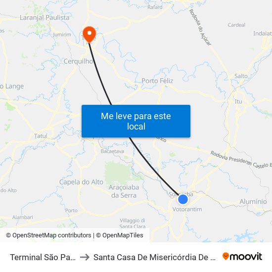 Terminal São Paulo to Santa Casa De Misericórdia De Tietê map