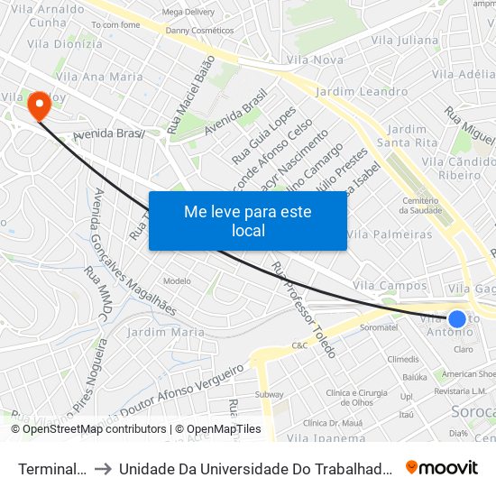 Terminal Santo Antônio to Unidade Da Universidade Do Trabalhador Empreendedor E Negócios (Uniten) - Mauro Firmino map