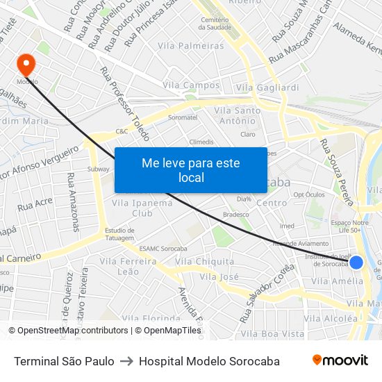 Terminal São Paulo to Hospital Modelo Sorocaba map