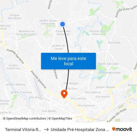 Terminal Vitória Régia to Unidade Pré-Hospitalar Zona Norte map