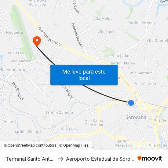 Terminal Santo Antônio to Aeroporto Estadual de Sorocaba map