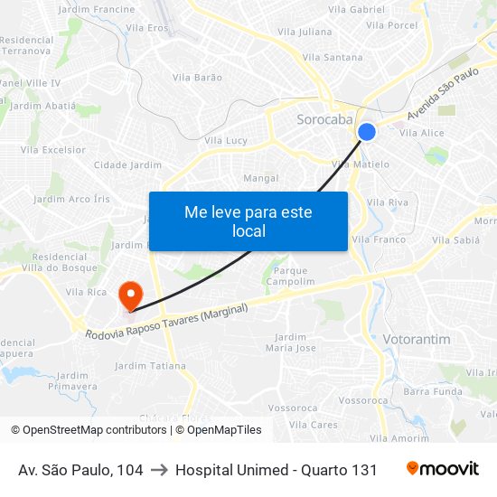 Av. São Paulo, 104 to Hospital Unimed - Quarto 131 map