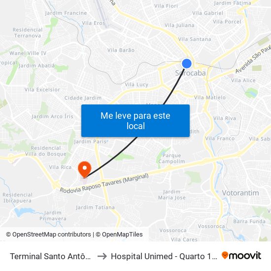 Terminal Santo Antônio to Hospital Unimed - Quarto 131 map