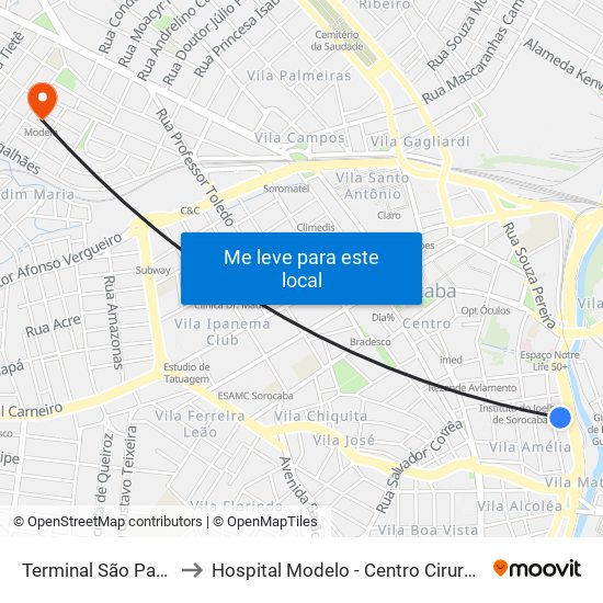 Terminal São Paulo to Hospital Modelo - Centro Cirurgico map