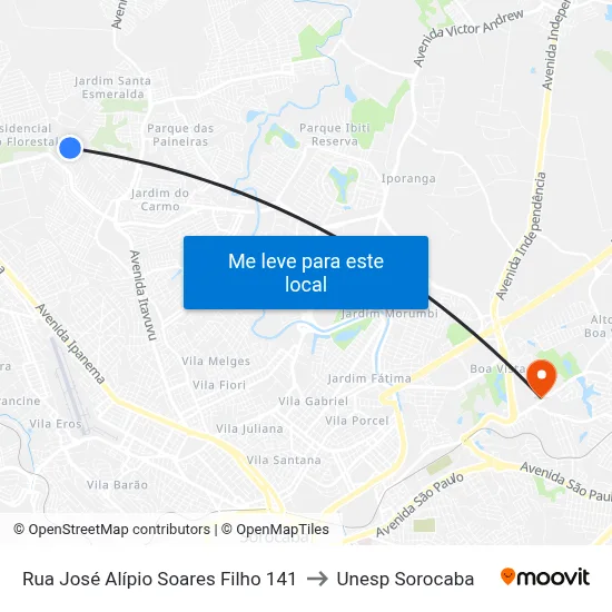 Rua José Alípio Soares Filho 141 to Unesp Sorocaba map