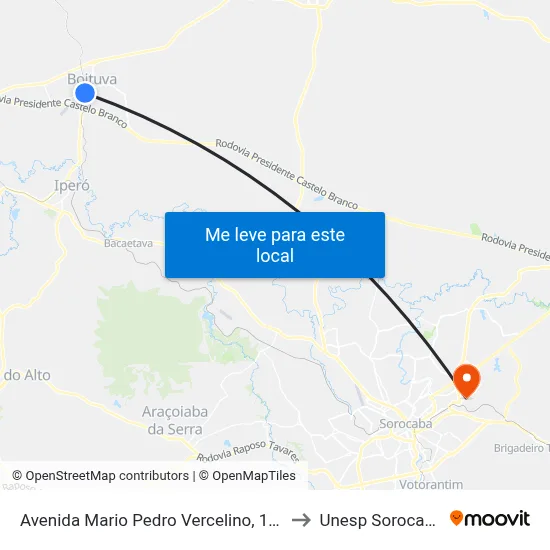 Avenida Mario Pedro Vercelino, 121 to Unesp Sorocaba map
